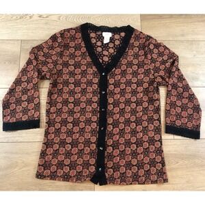J Jill Womens Button Up Cardigan Top M Tall Geometric Artsy 3/4 Sleeve Lace Trim